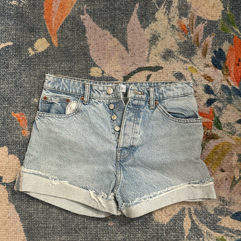 Zara Blue Jean Shorts with Distressed Cuffed Hem